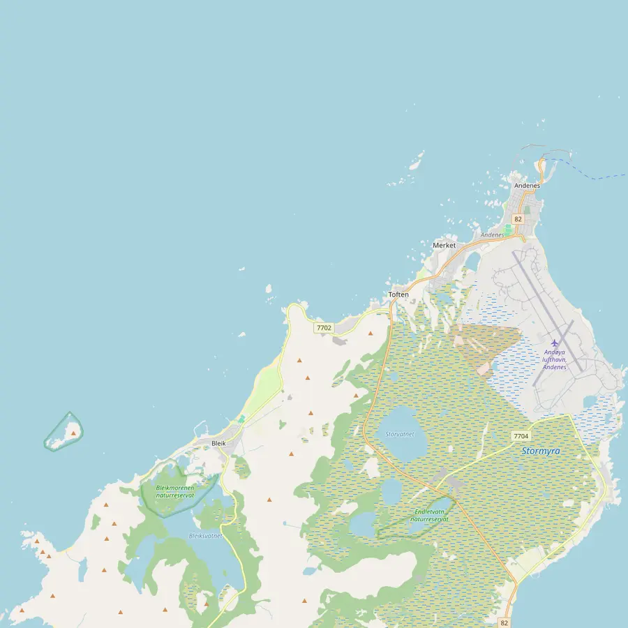 Map of northern Andøya with Bleik, the island of Bleiksøya, Andenes and Andøya airport