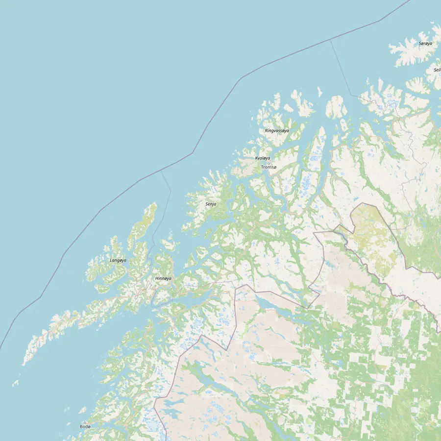 Map of Northern Norway from Svolvær and Andenes north-east to Tromsø and Skjervøy