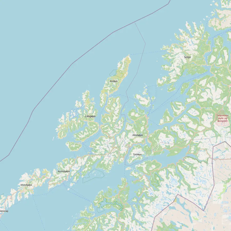 Map of Vesterålen and Lofoten with Bleik, Andenes, Gryllefjord on Senja, Sortland, Svolvær and Evenes airport